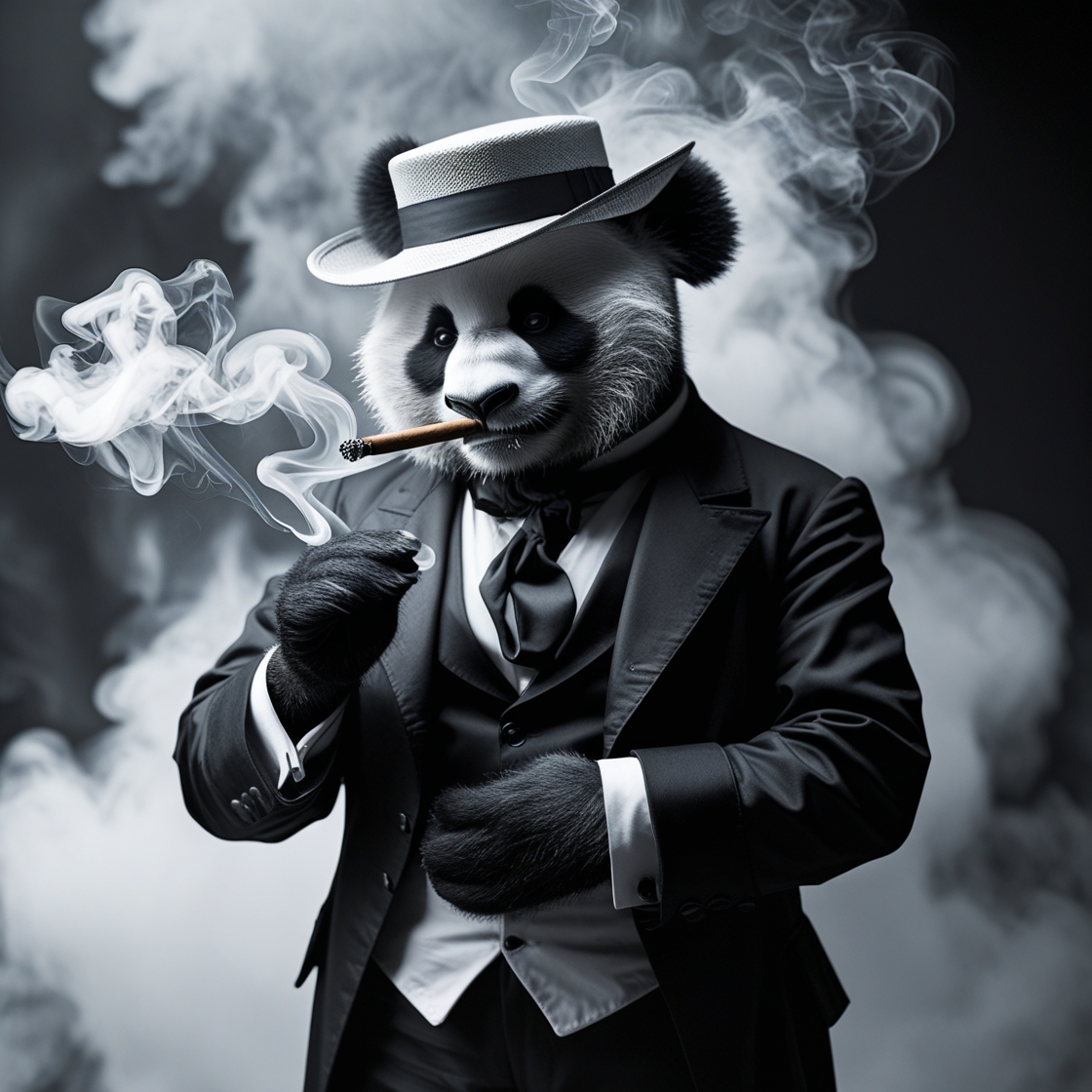 A panda in a suit and hat smoking a cigar in a smoky, dark room